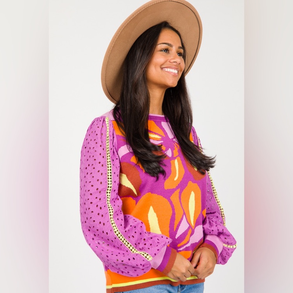 NWT Fate Barbiecore Lace Eyelet Sleeves Abstract Pink & Orange Sweater - Medium - Picture 5 of 16